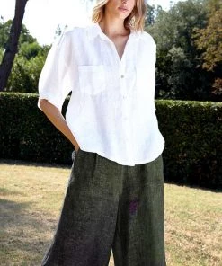 Inizio Wide Leg Linen Pants Cropped With Buttons