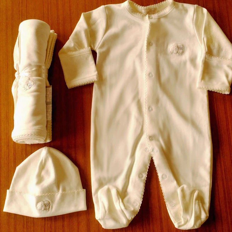 Kissy Kissy Layette - Newborn To 9 Mo. Baby Organic Cotton Footie With Mittens - Lamb 7 Kissy Kissy Layette - Newborn To 9 Mo. Baby Organic Cotton Footie With Mittens - Lamb